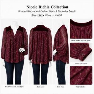 Nicole Richie Collection Wine Printed Velvet‎ Trim Blouse Plus Size 3X NWOT